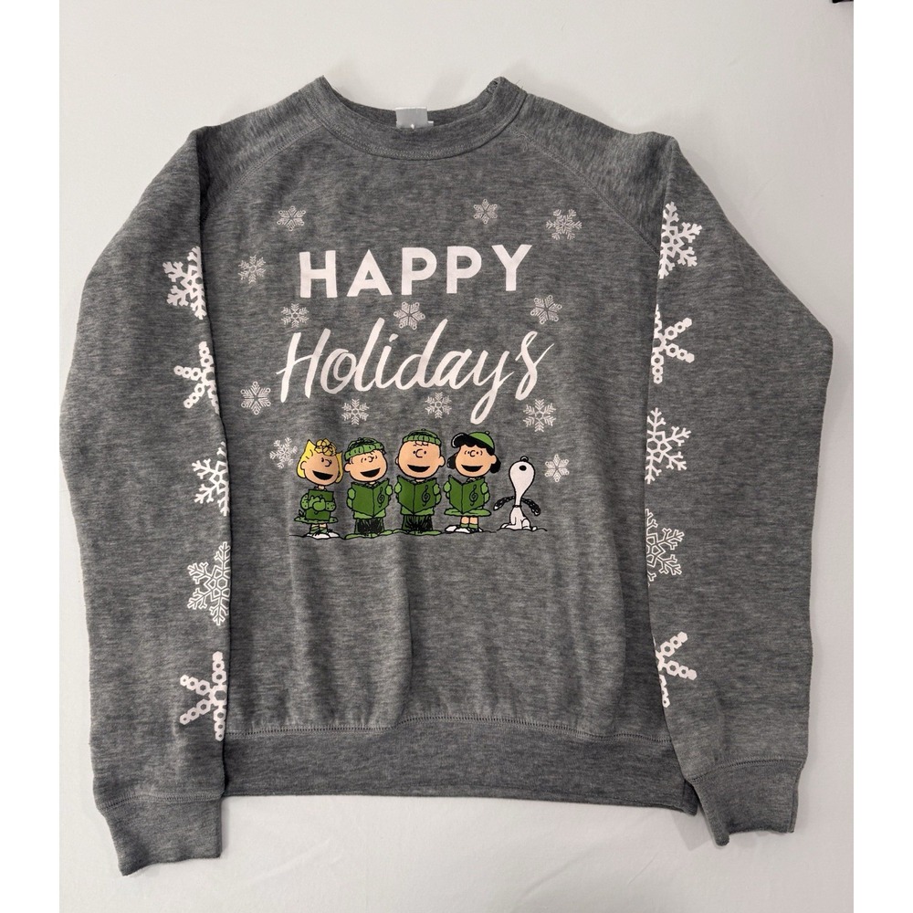 Peanuts Girls Small Happy Holidays Christmas Sweatshirt Snoopy Gray Fleece
